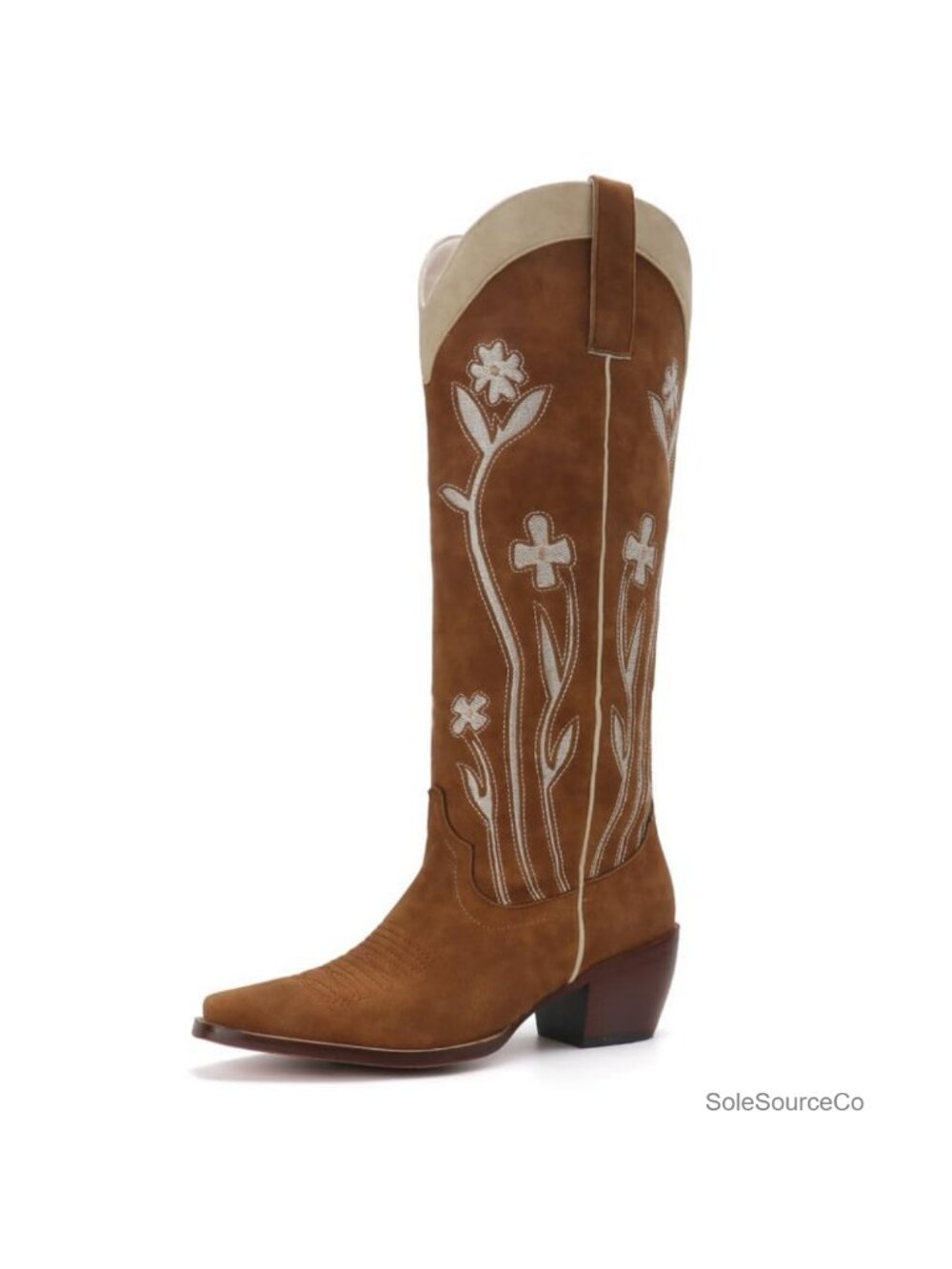 Faux Leather Cowboy Boots Floral Embroidered Knee High Western Boots